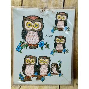 Vtg Decorcal Hand Painted Decals Owl Family Mom Dad Baby On Branch